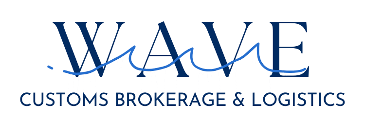 Wave Customs Brokerage & Logistics logo in blue with stylized wave line across the text.